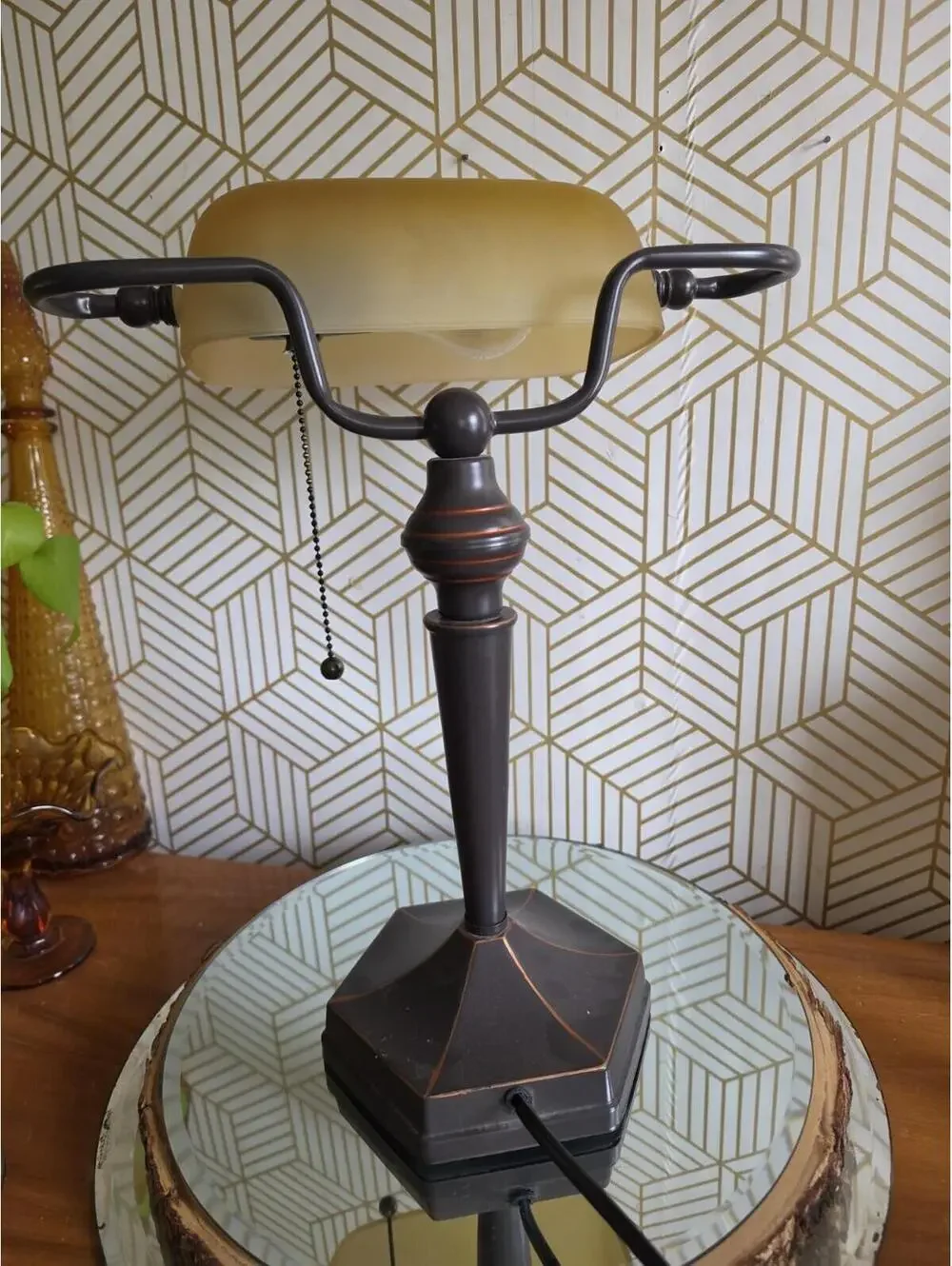 Traditional Bankers Lamp Bronze Hexagonal Base Amber Glass Shade